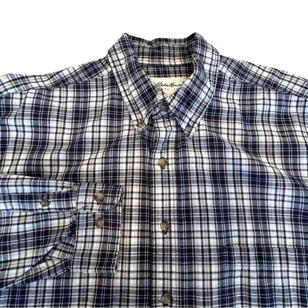 Eddie Bauer Shirt Mens XL Tall Blue Khaki‎ Plaid Flannel 100% Cotton Long Sleeve